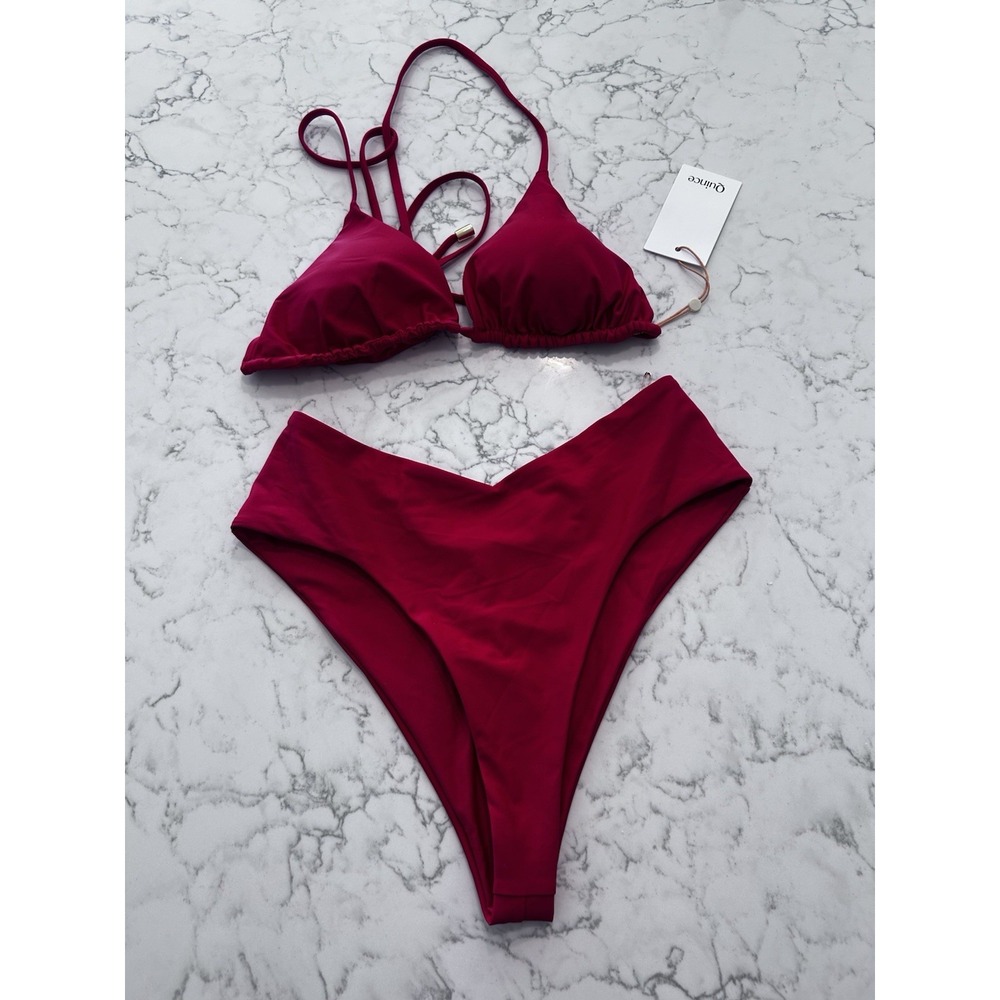 New Quince Cherry Red Italian Triangle Bikini Top & V Cut High Leg Bottom Medium